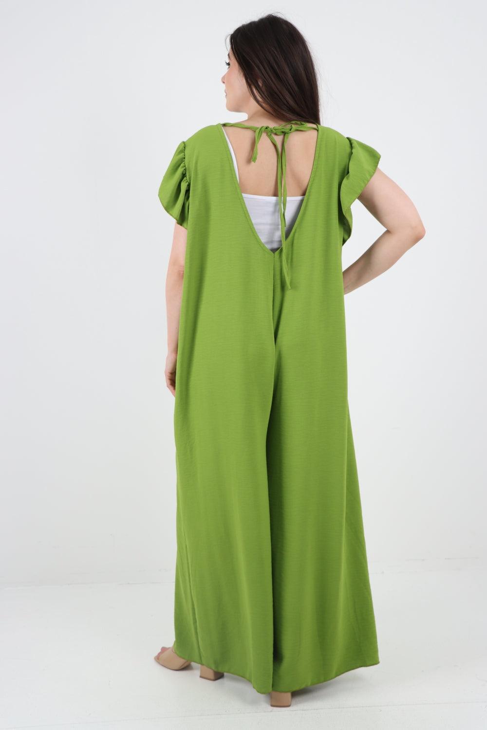 Ruffled Sleeve Back Tie Open Jumpsuit - Lashra Fashion