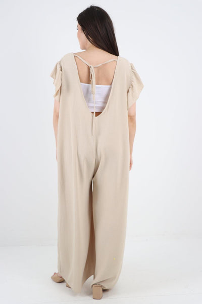 Ruffled Sleeve Back Tie Open Jumpsuit - Lashra Fashion