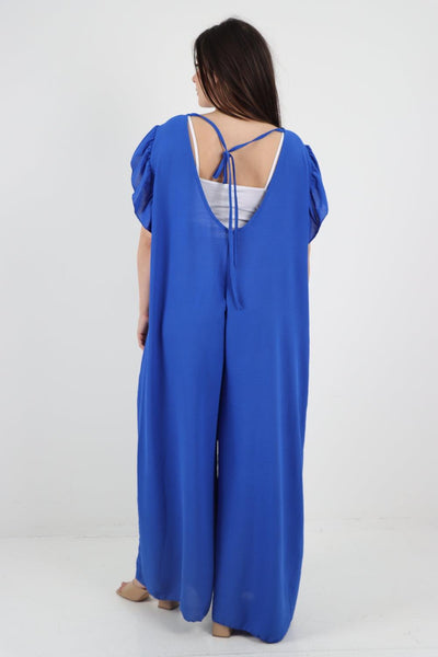 Ruffled Sleeve Back Tie Open Jumpsuit - Lashra Fashion