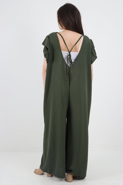 Ruffled Sleeve Back Tie Open Jumpsuit - Lashra Fashion