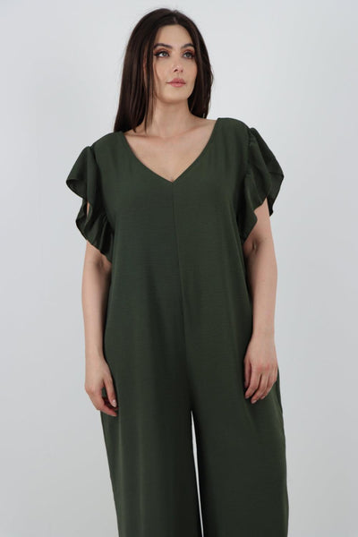 Ruffled Sleeve Back Tie Open Jumpsuit - Lashra Fashion