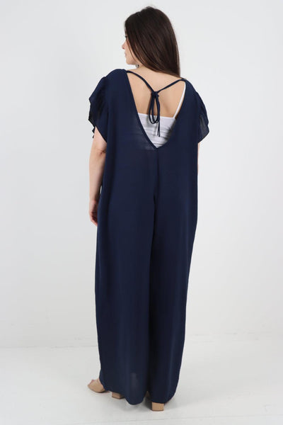 Ruffled Sleeve Back Tie Open Jumpsuit - Lashra Fashion