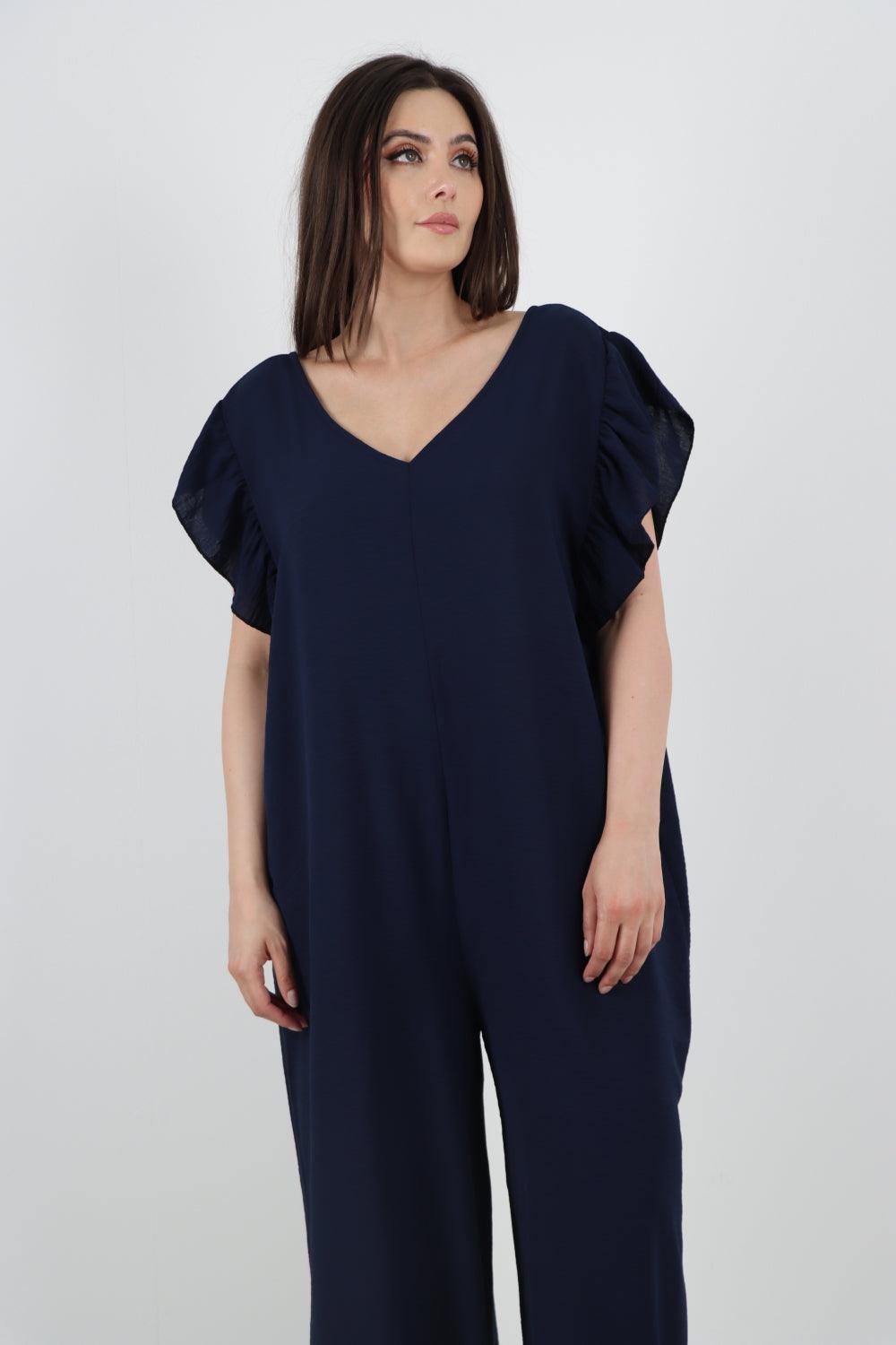 Ruffled Sleeve Back Tie Open Jumpsuit - Lashra Fashion