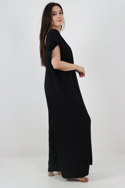 Ruffled Sleeve Back Tie Open Jumpsuit - Lashra Fashion