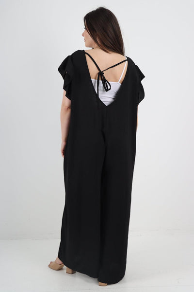 Ruffled Sleeve Back Tie Open Jumpsuit - Lashra Fashion