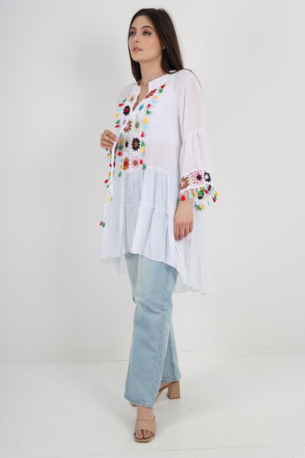 Dip Hem Tassels Sleeves Tunic Top - Lashra Fashion