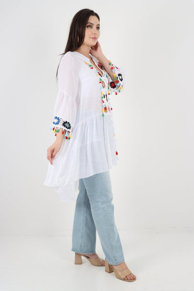 Dip Hem Tassels Sleeves Tunic Top - Lashra Fashion