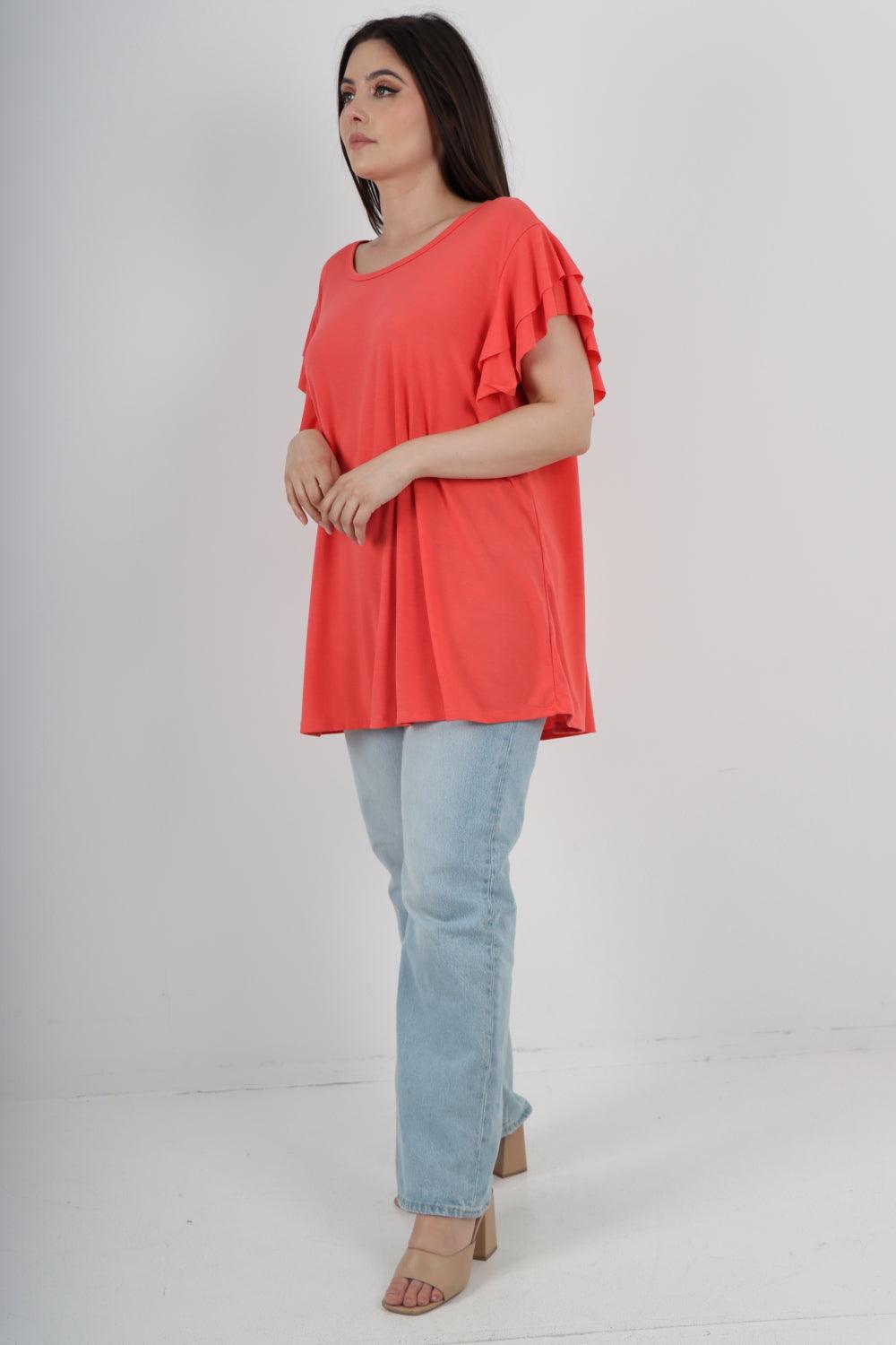 Plain Ruffle Sleeve Tunic Top - Lashra Fashion