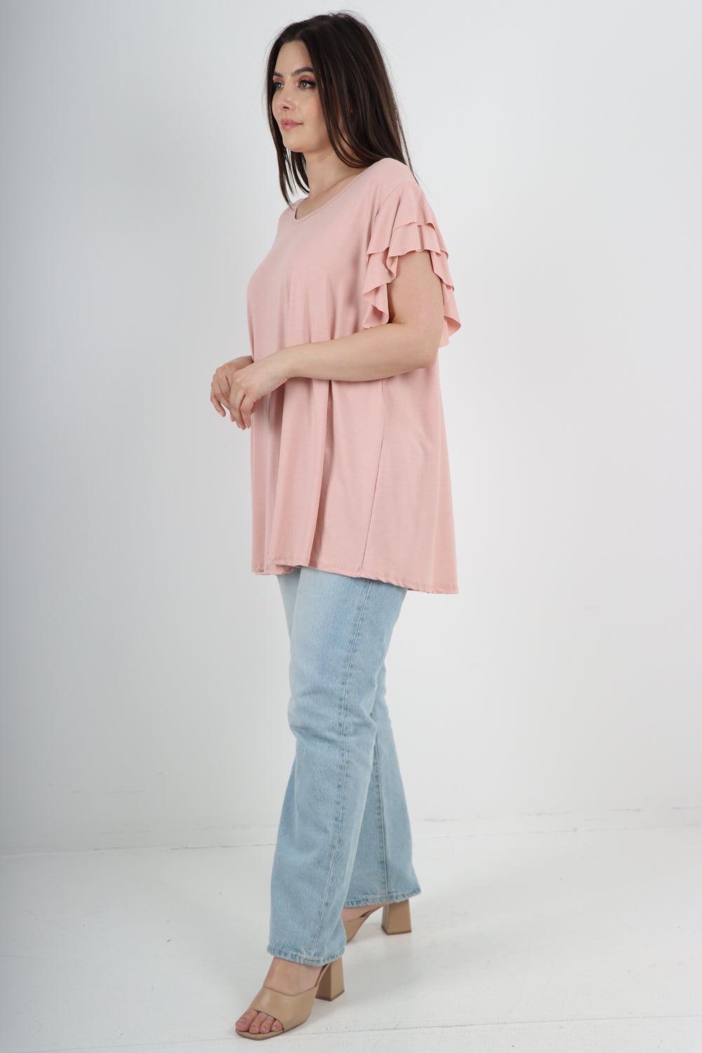 Plain Ruffle Sleeve Tunic Top - Lashra Fashion