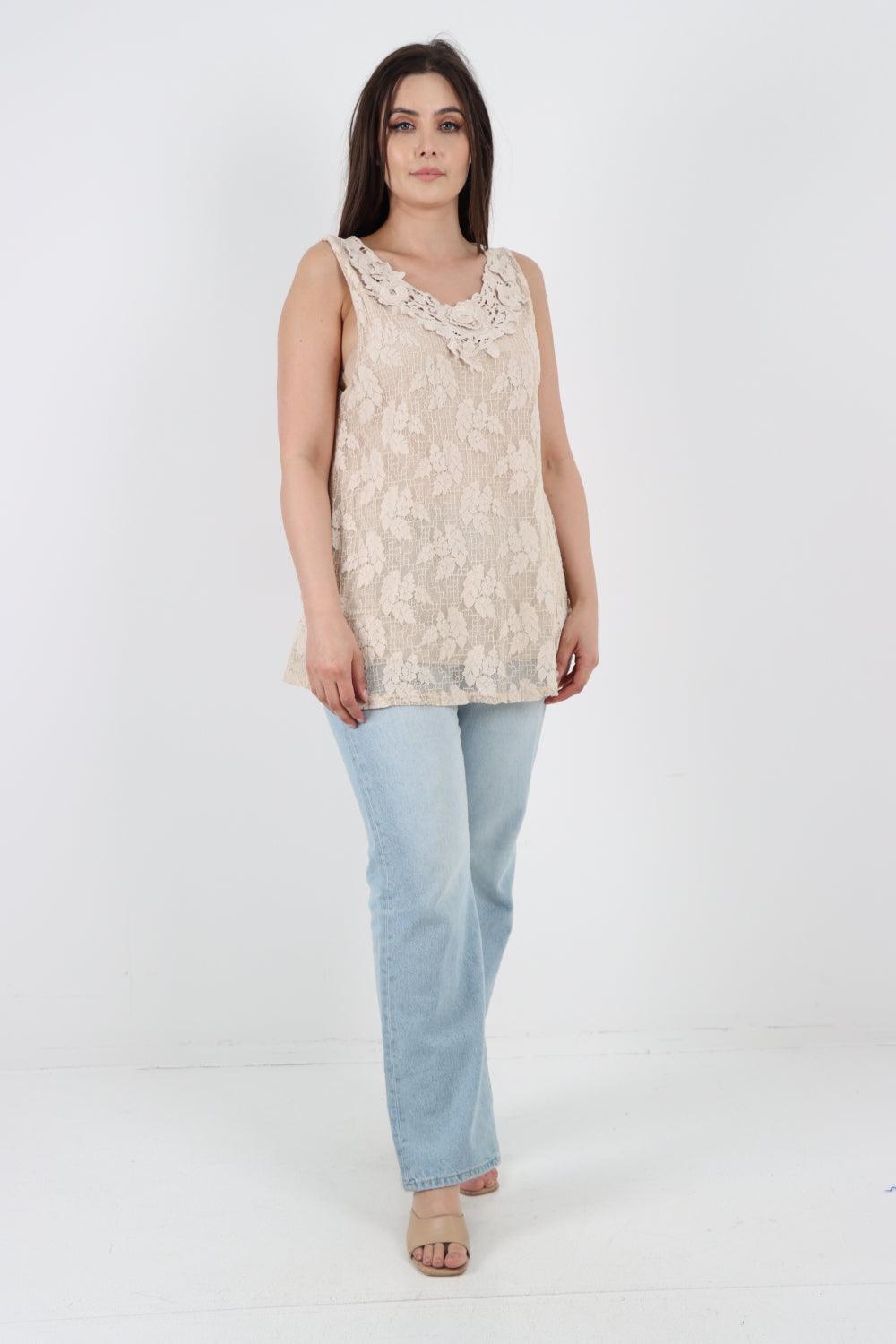 Crochet Lace Detail Neck Vest Top - Lashra Fashion