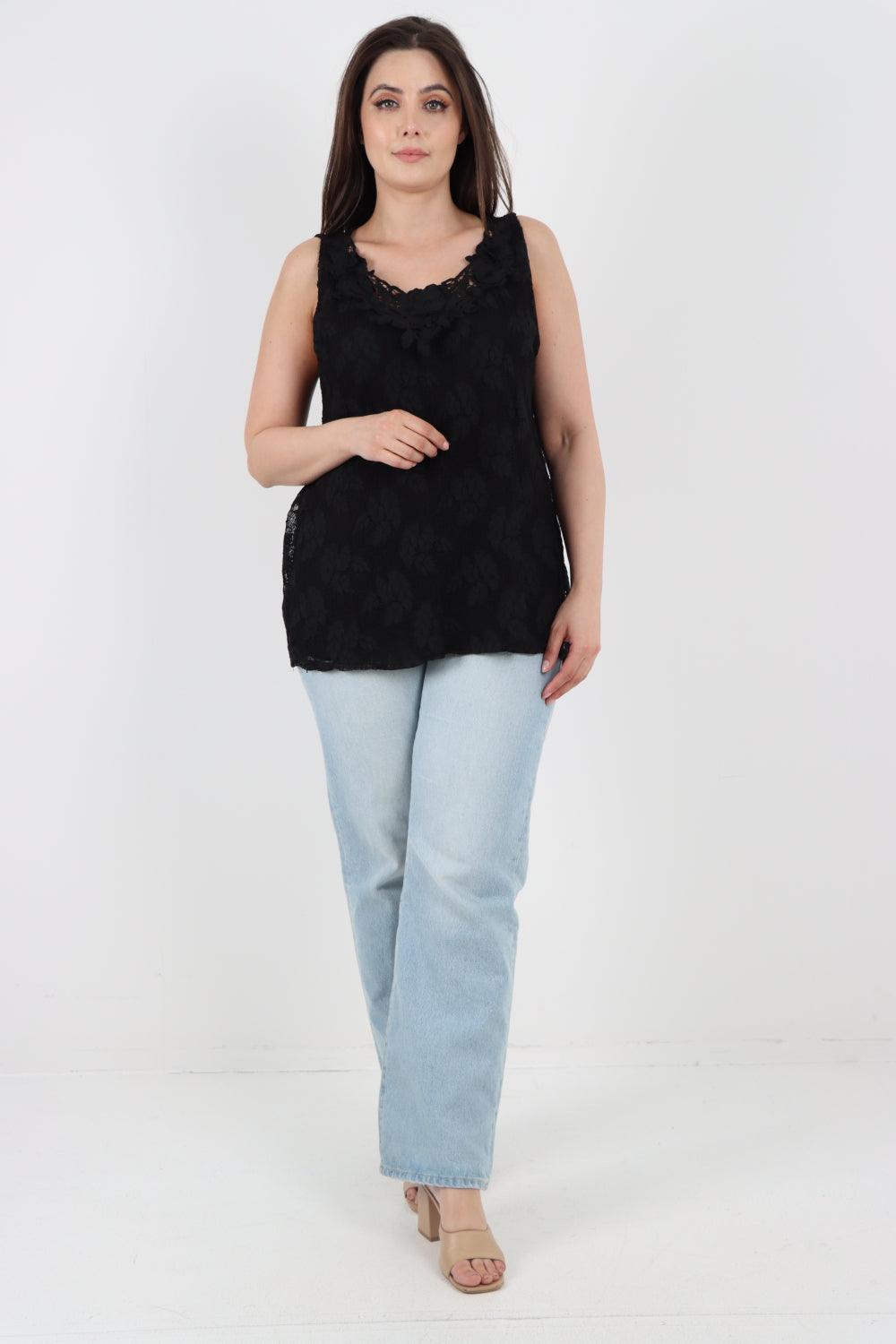 Crochet Lace Detail Neck Vest Top - Lashra Fashion