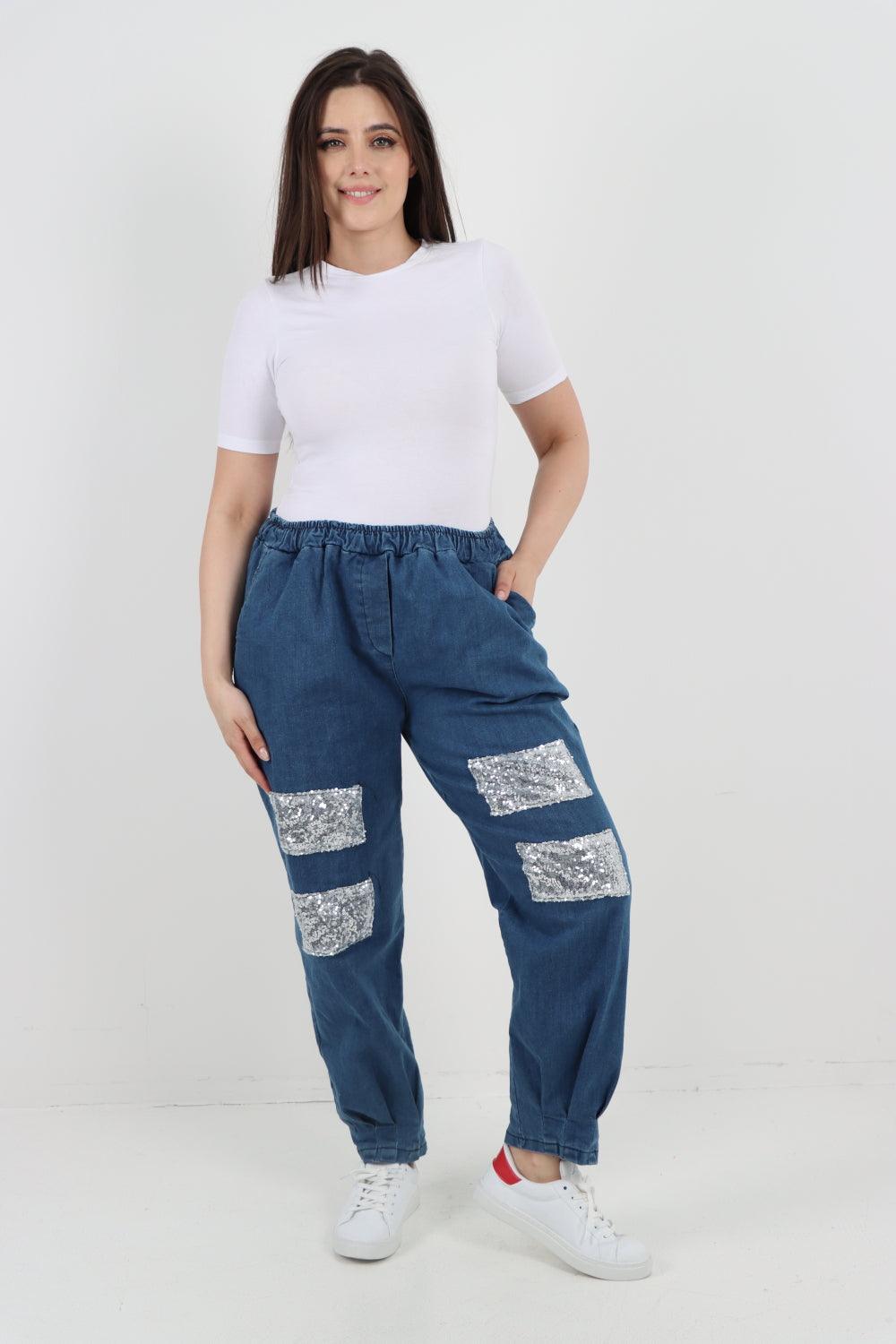 Denim Look Sequin Detail Trouser - Lashra Fashion