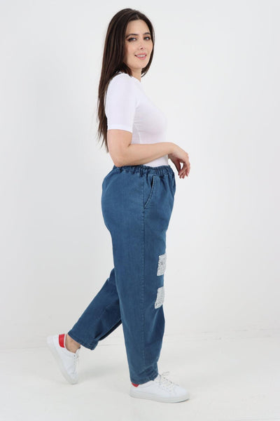 Denim Look Sequin Detail Trouser - Lashra Fashion