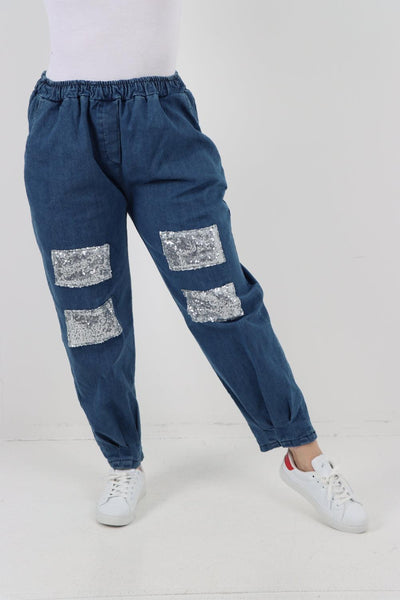 Denim Look Sequin Detail Trouser - Lashra Fashion