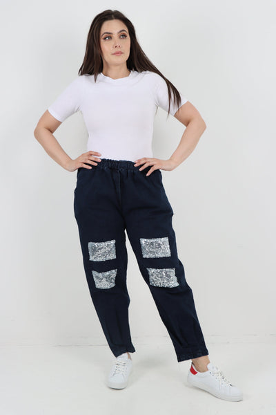 Denim Look Sequin Detail Trouser - Lashra Fashion