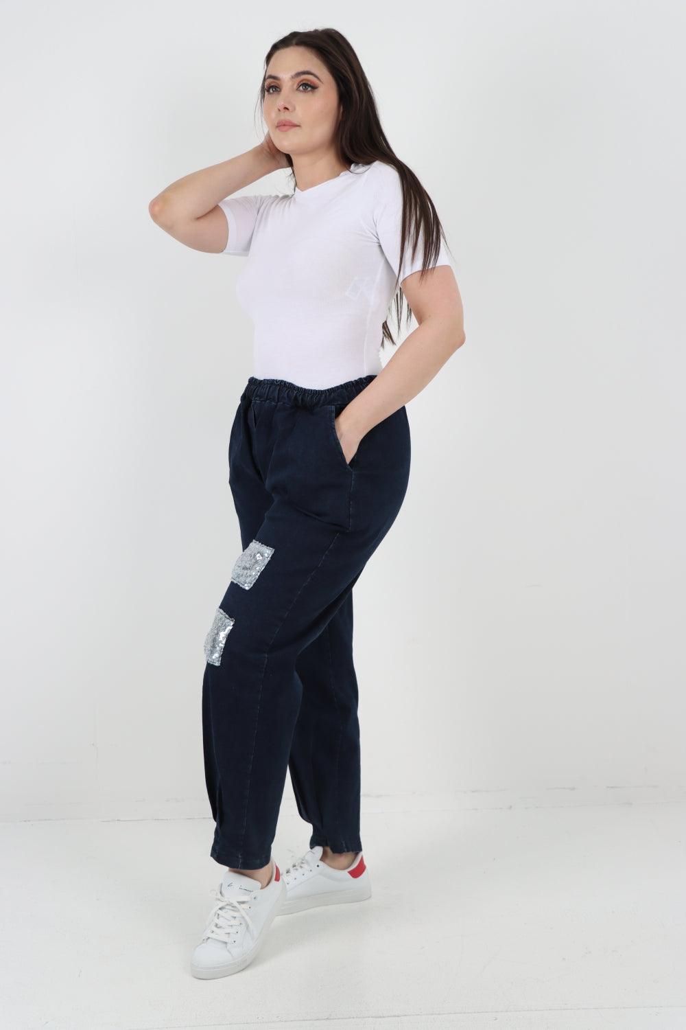 Denim Look Sequin Detail Trouser - Lashra Fashion