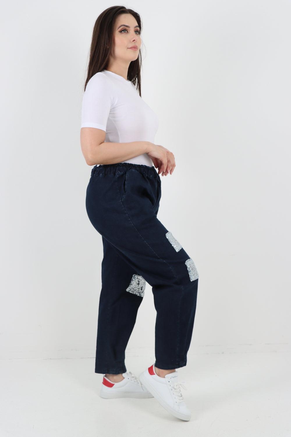 Denim Look Sequin Detail Trouser - Lashra Fashion