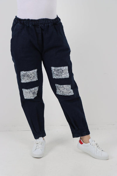 Denim Look Sequin Detail Trouser - Lashra Fashion