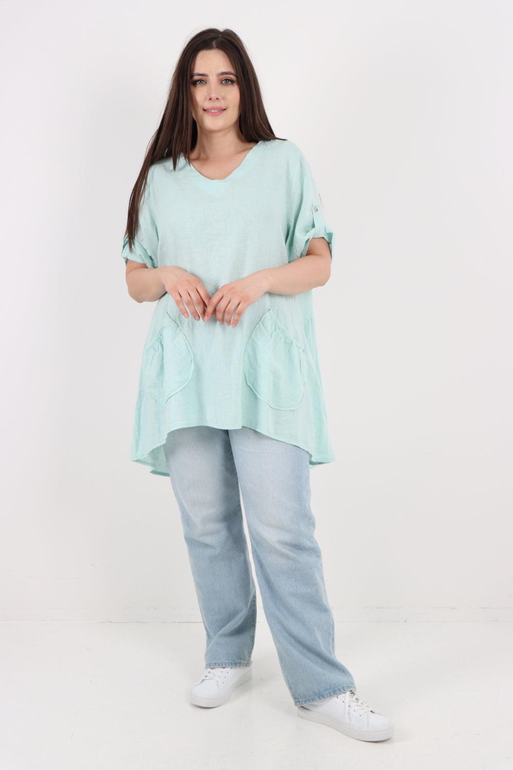 Front Pockets Dip Hem Linen Tunic Top - Lashra Fashion