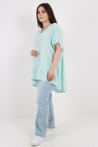 Front Pockets Dip Hem Linen Tunic Top - Lashra Fashion