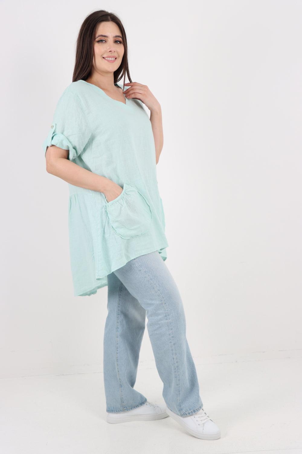 Front Pockets Dip Hem Linen Tunic Top - Lashra Fashion