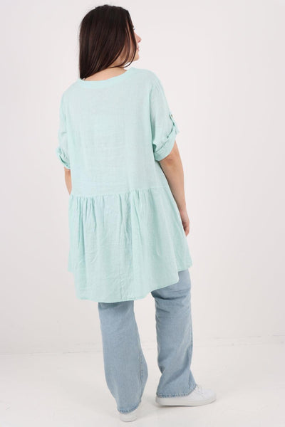 Front Pockets Dip Hem Linen Tunic Top - Lashra Fashion