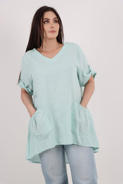 Front Pockets Dip Hem Linen Tunic Top - Lashra Fashion