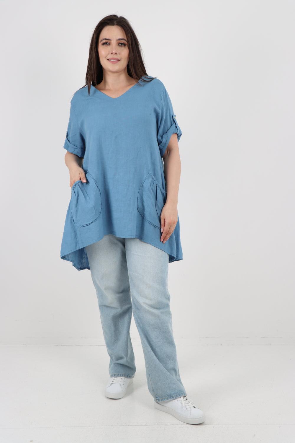 Front Pockets Dip Hem Linen Tunic Top - Lashra Fashion