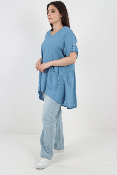 Front Pockets Dip Hem Linen Tunic Top - Lashra Fashion