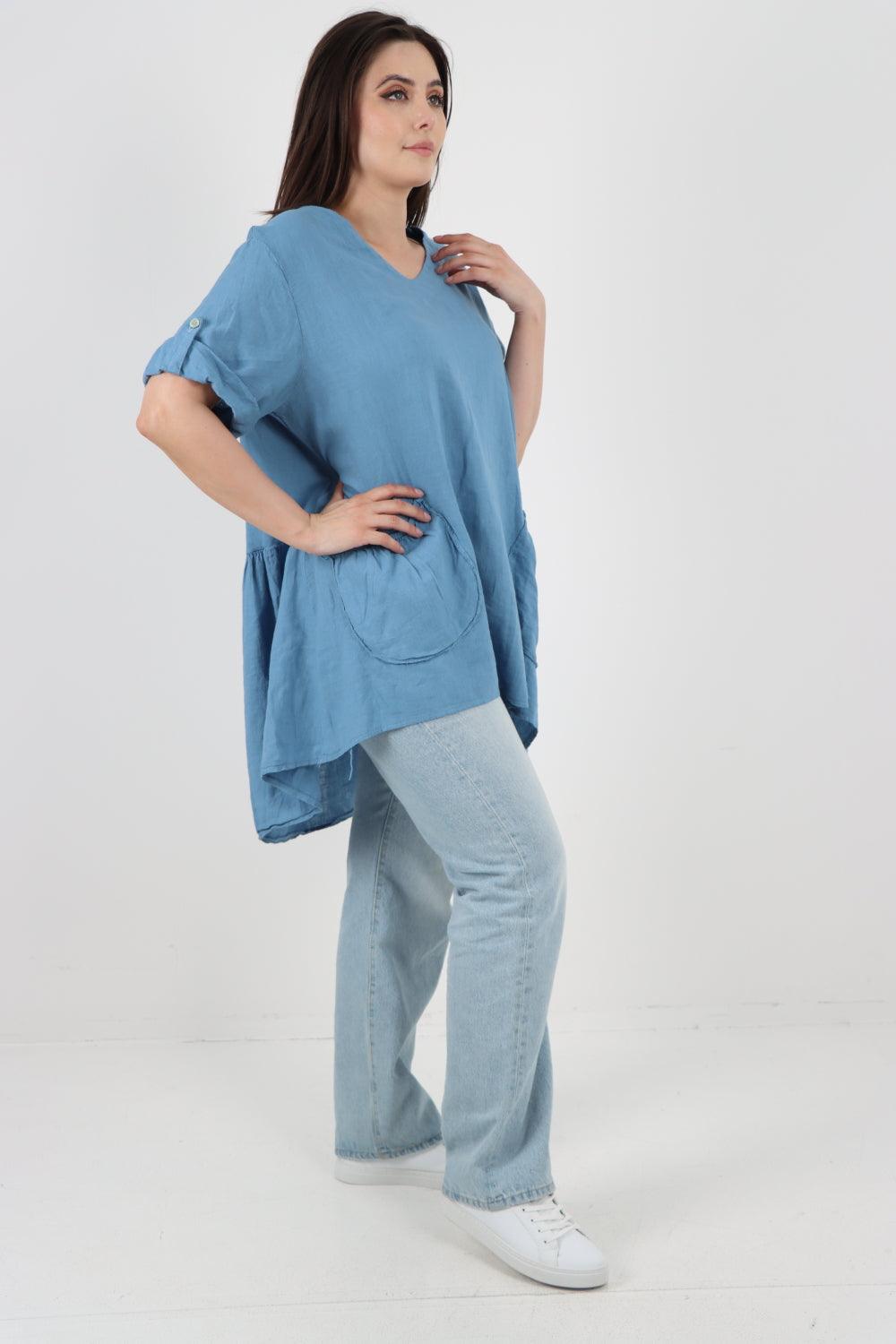 Front Pockets Dip Hem Linen Tunic Top - Lashra Fashion