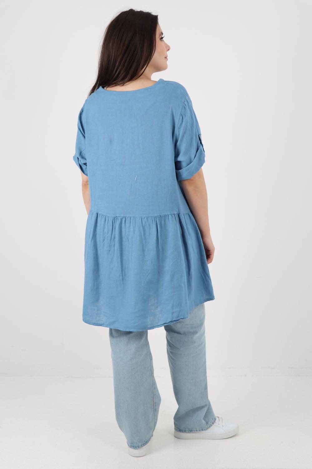 Front Pockets Dip Hem Linen Tunic Top - Lashra Fashion