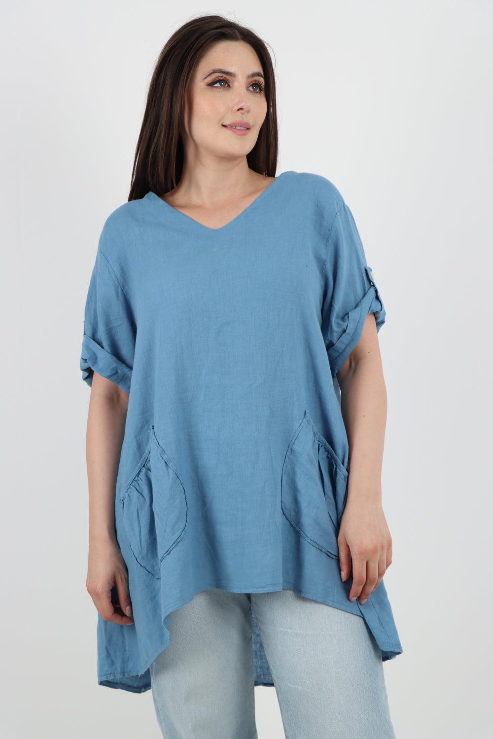 Front Pockets Dip Hem Linen Tunic Top - Lashra Fashion