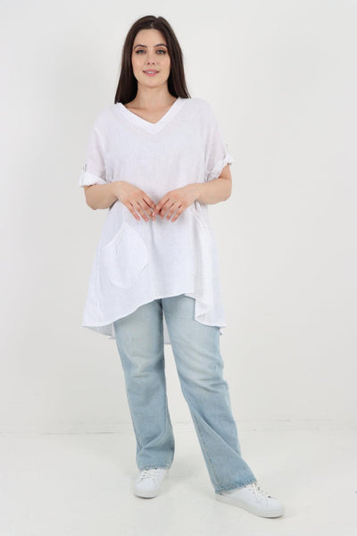 Front Pockets Dip Hem Linen Tunic Top - Lashra Fashion