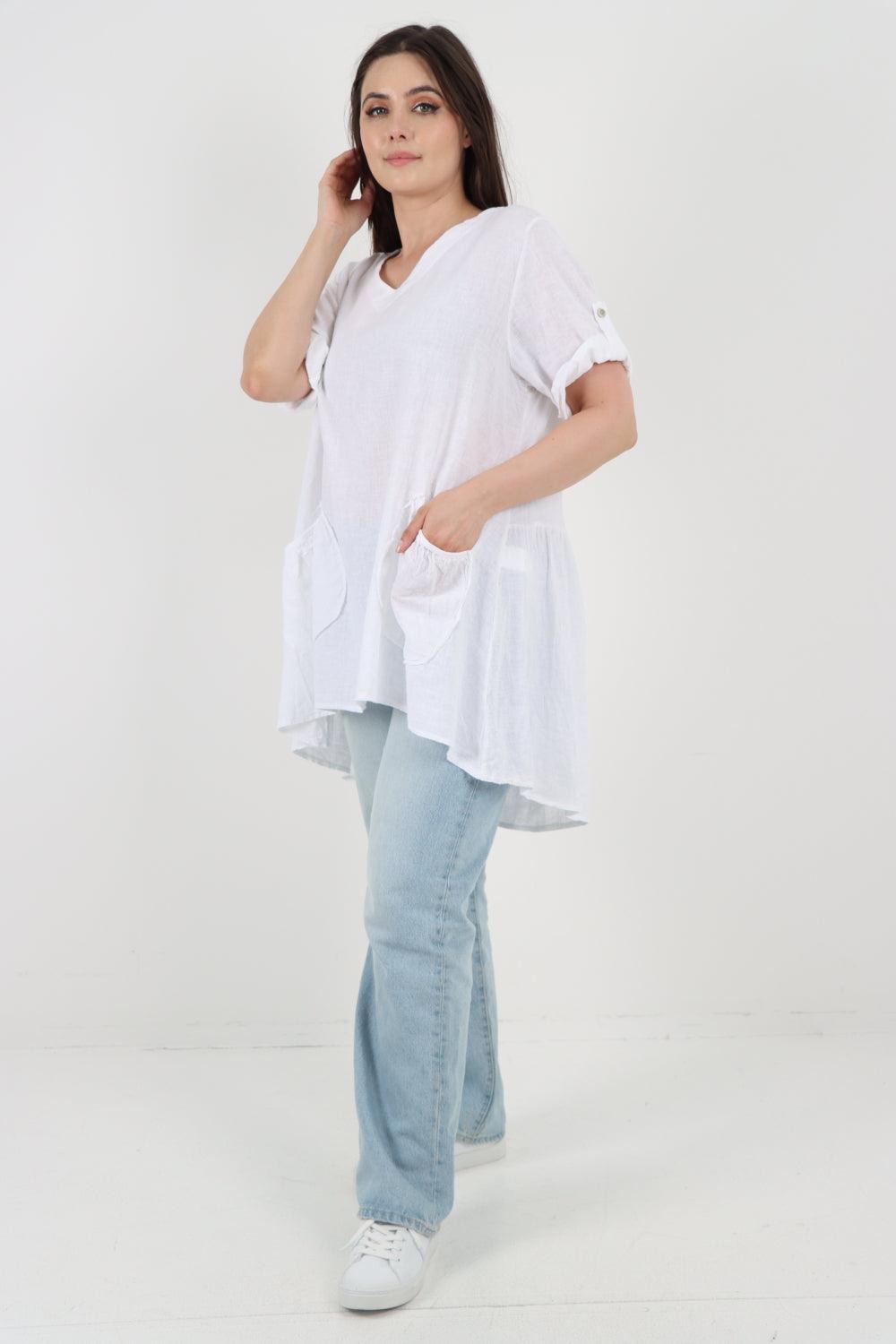 Front Pockets Dip Hem Linen Tunic Top - Lashra Fashion