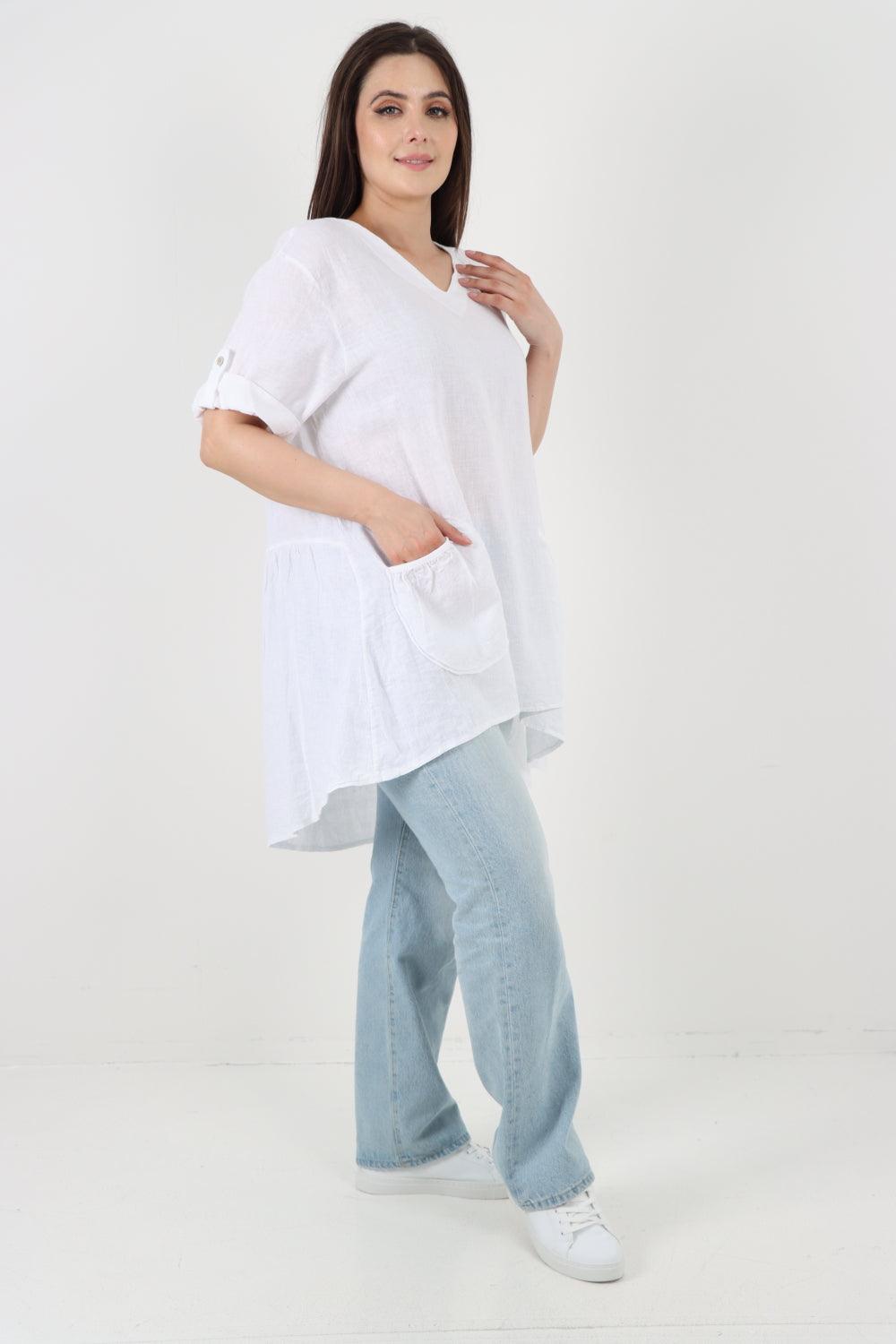 Front Pockets Dip Hem Linen Tunic Top - Lashra Fashion