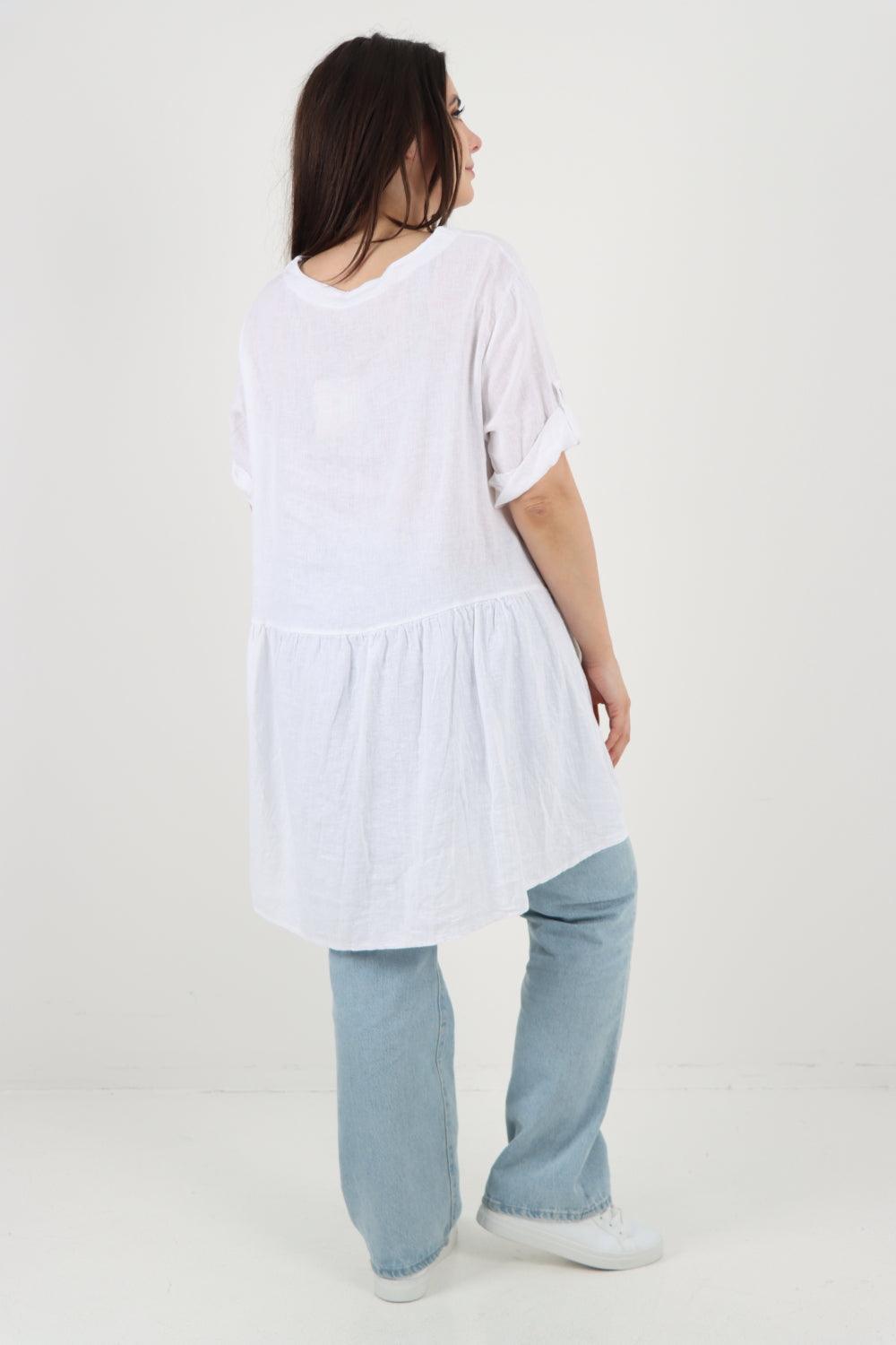 Front Pockets Dip Hem Linen Tunic Top - Lashra Fashion