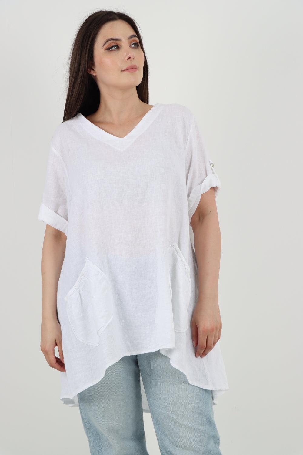 Front Pockets Dip Hem Linen Tunic Top - Lashra Fashion