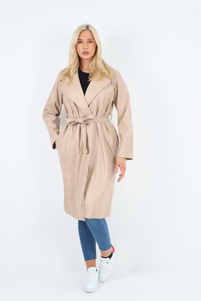 PU Faux Leather Longline Waterfall Coat