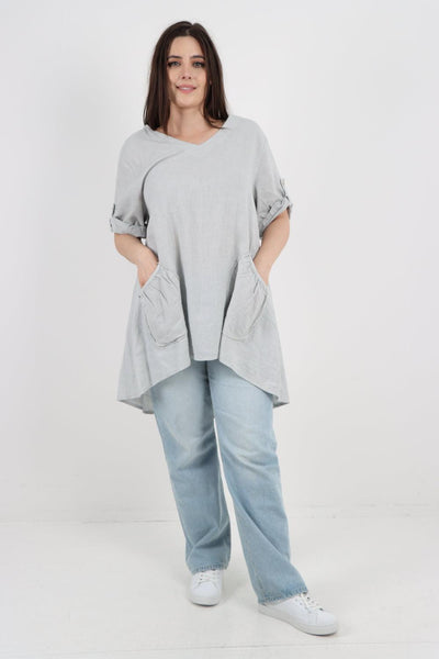 Front Pockets Dip Hem Linen Tunic Top - Lashra Fashion