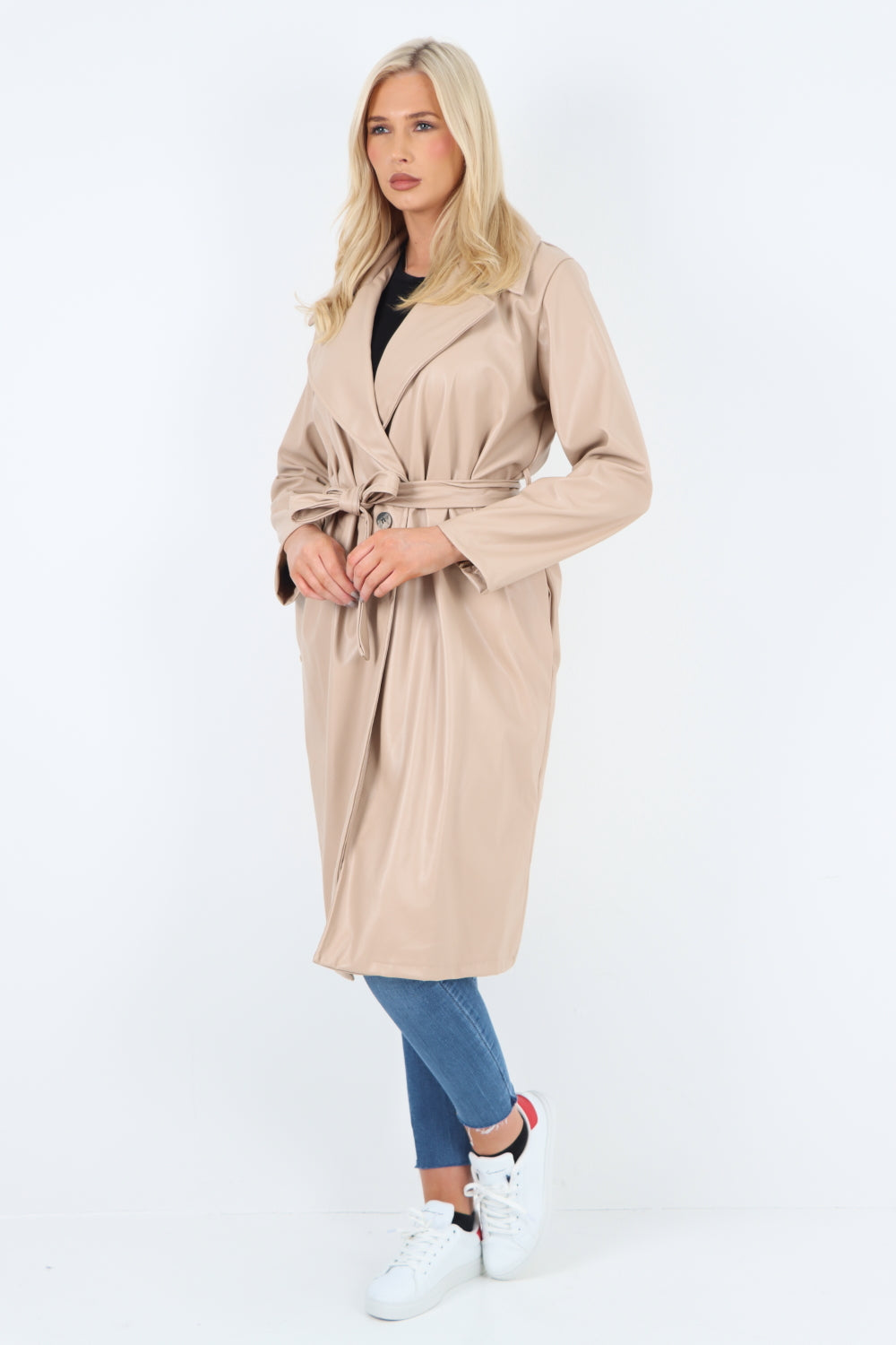 PU Faux Leather Longline Waterfall Coat