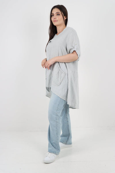 Front Pockets Dip Hem Linen Tunic Top - Lashra Fashion