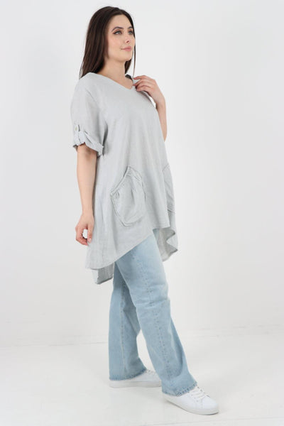 Front Pockets Dip Hem Linen Tunic Top - Lashra Fashion