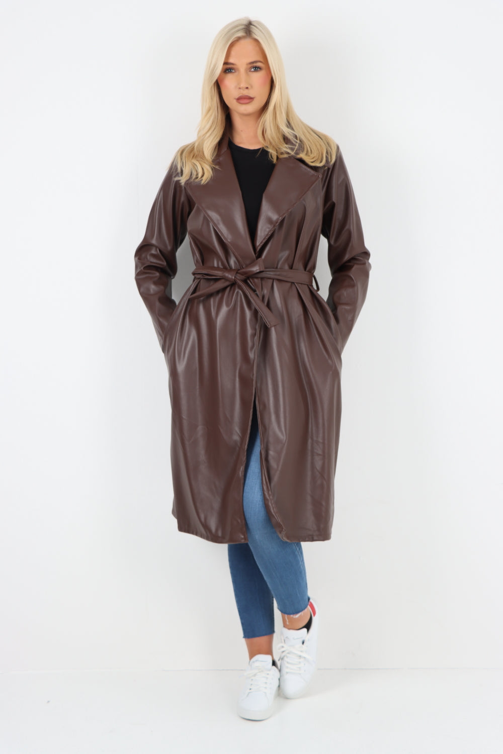 PU Faux Leather Longline Waterfall Coat