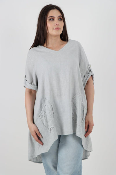 Front Pockets Dip Hem Linen Tunic Top - Lashra Fashion