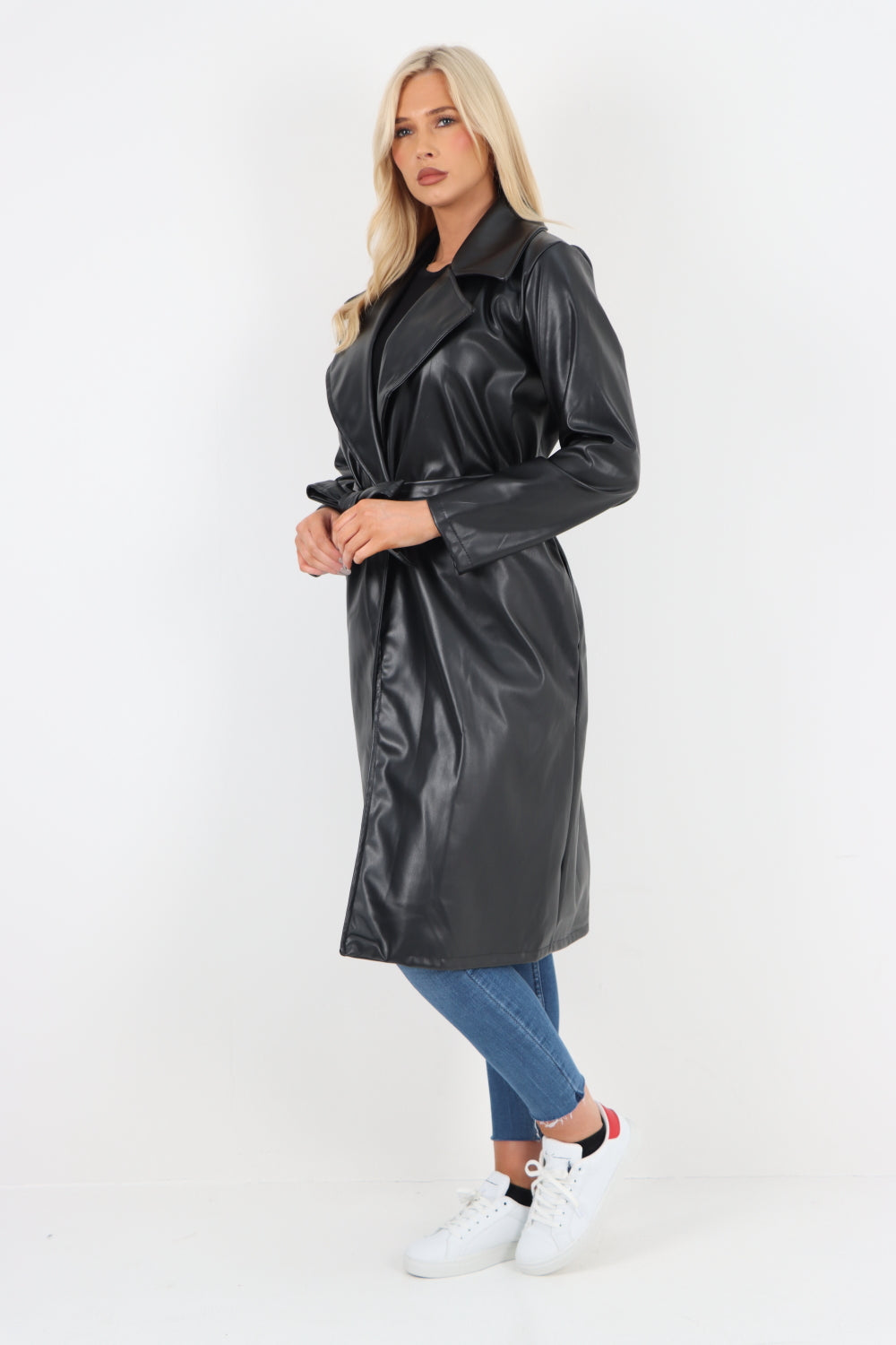 PU Faux Leather Longline Waterfall Coat