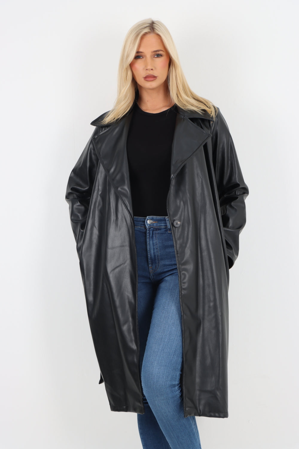 PU Faux Leather Longline Waterfall Coat