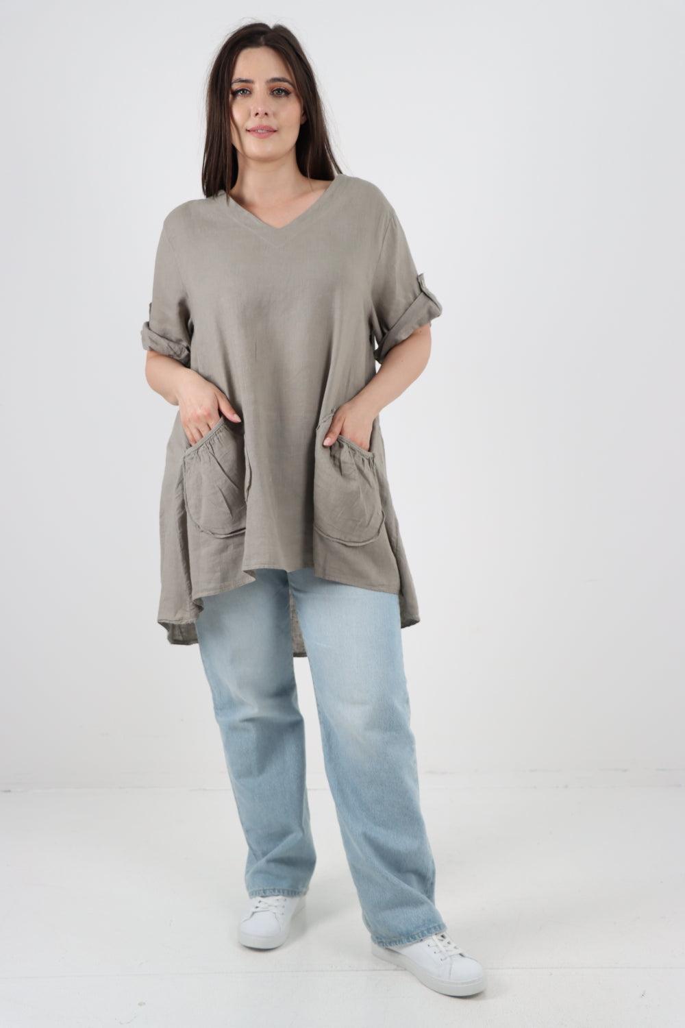 Front Pockets Dip Hem Linen Tunic Top - Lashra Fashion