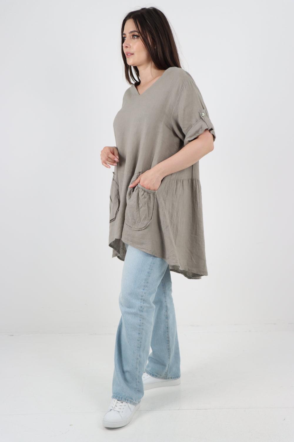 Front Pockets Dip Hem Linen Tunic Top - Lashra Fashion