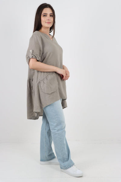 Front Pockets Dip Hem Linen Tunic Top - Lashra Fashion