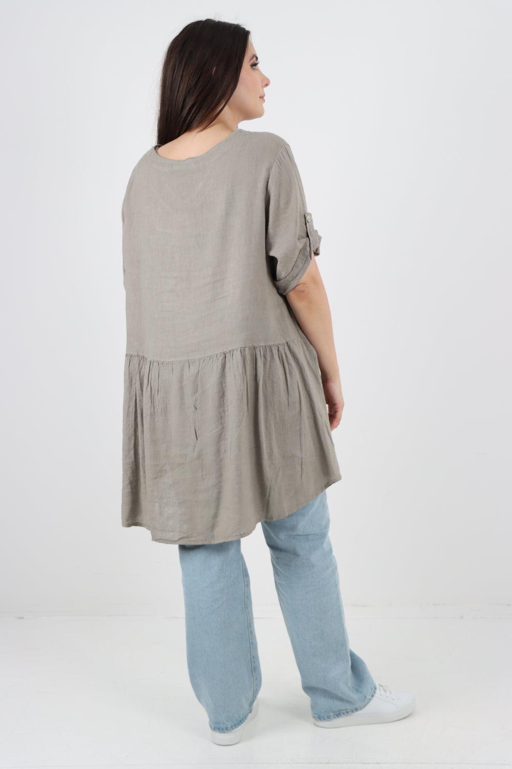 Front Pockets Dip Hem Linen Tunic Top - Lashra Fashion